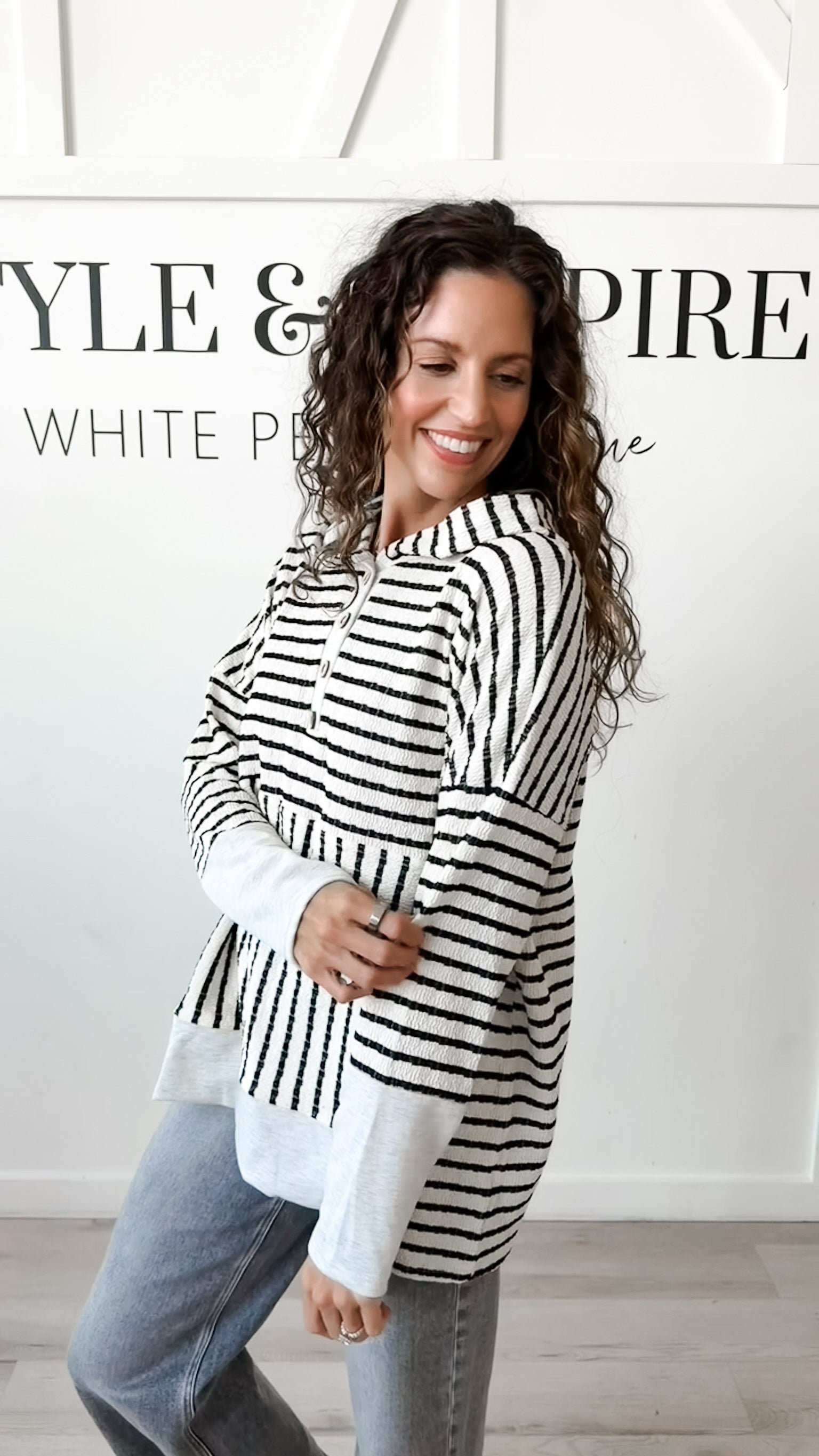 Helena Solid and Stripe Contrast Hooded Top