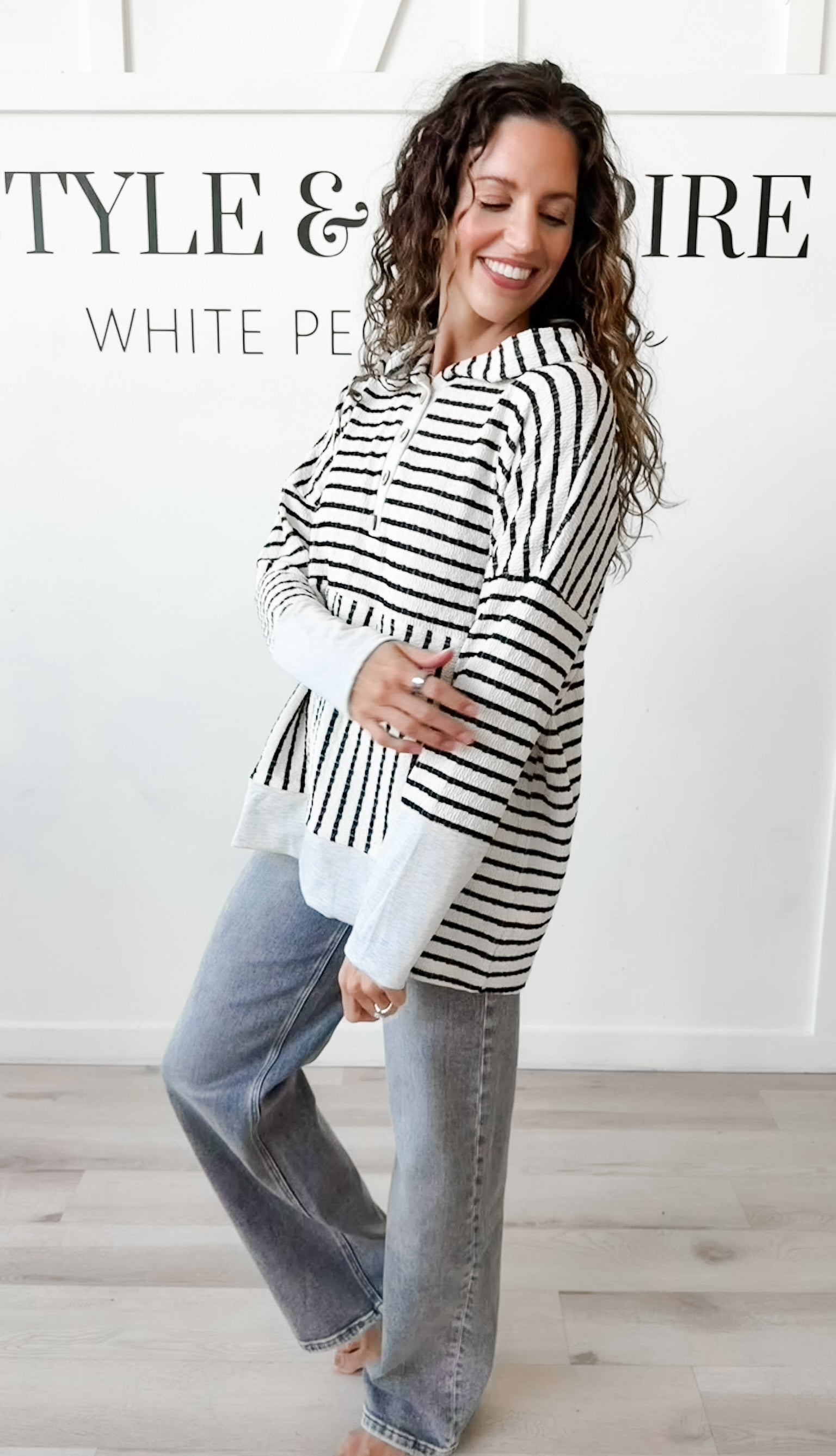 Helena Solid and Stripe Contrast Hooded Top