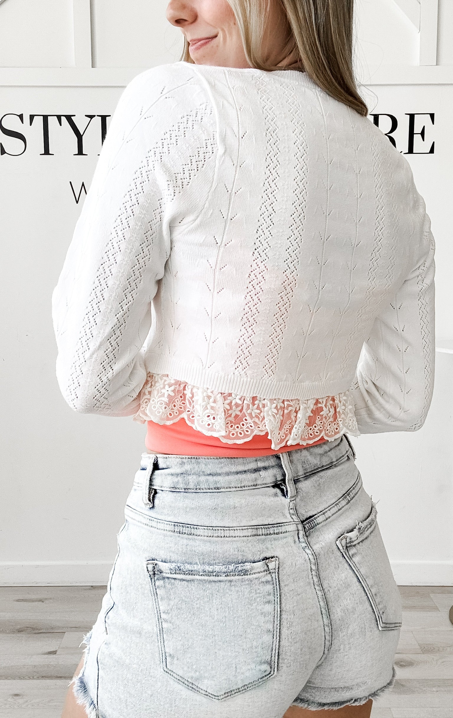 Kayla Lace Trim Crop Cardigan