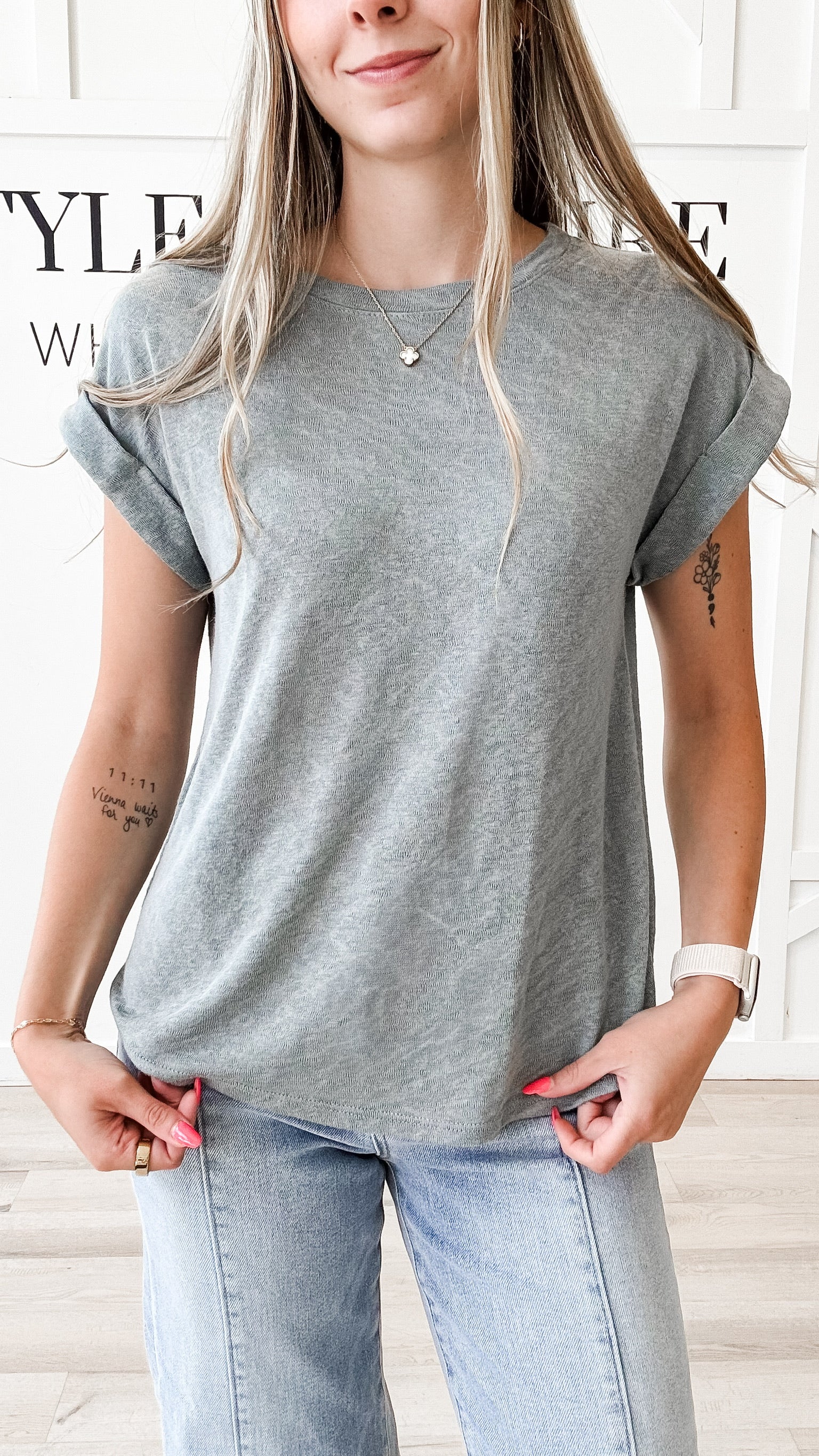 Angie Hacci Slub Cuff Sleeve Top