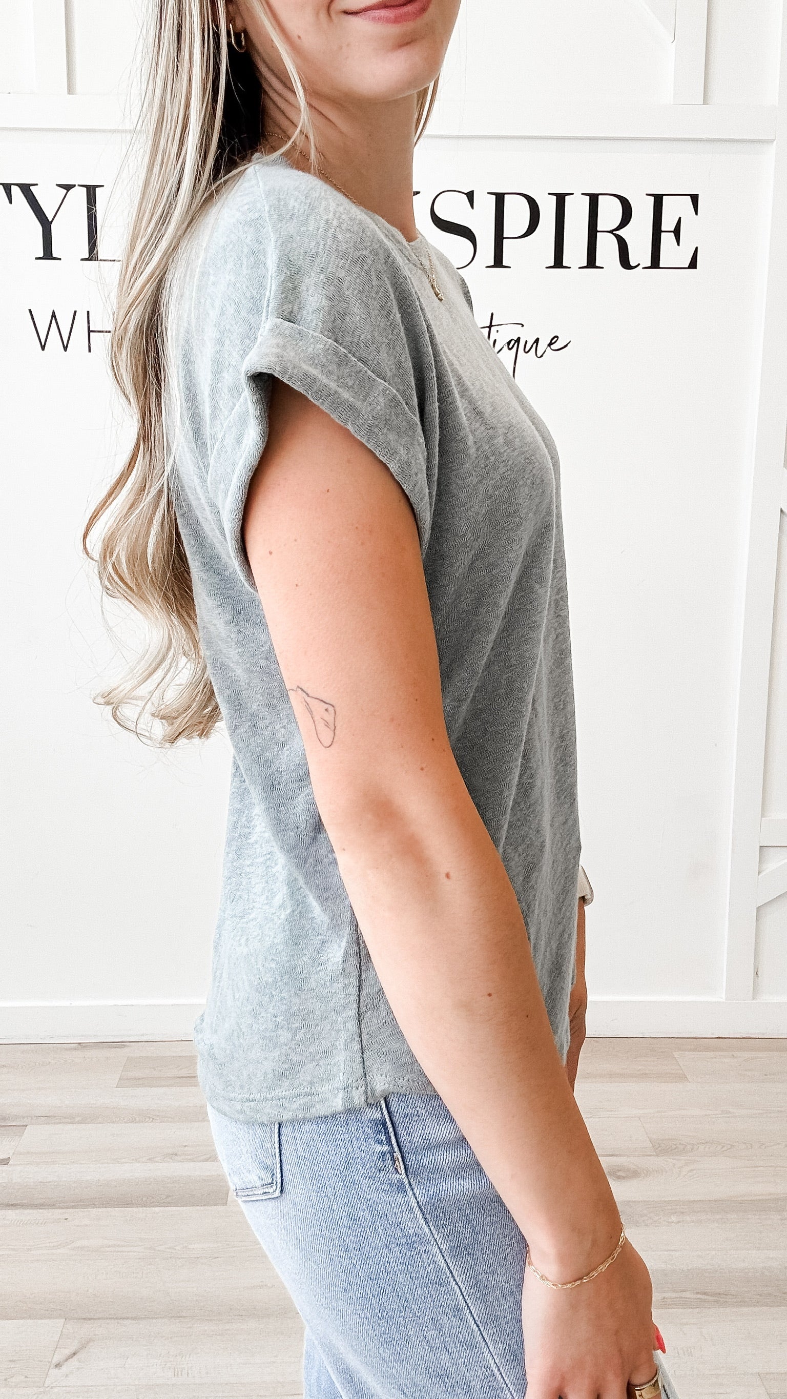 Angie Hacci Slub Cuff Sleeve Top