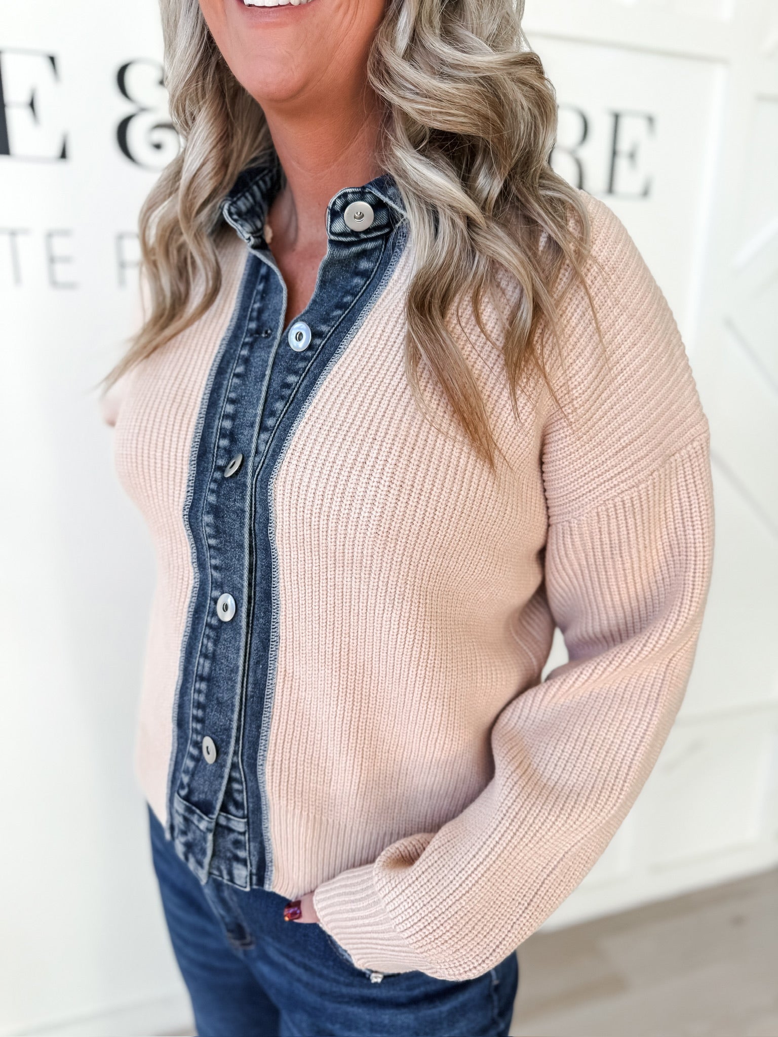 Charlee Denim Contrast Ribbed Cardigan